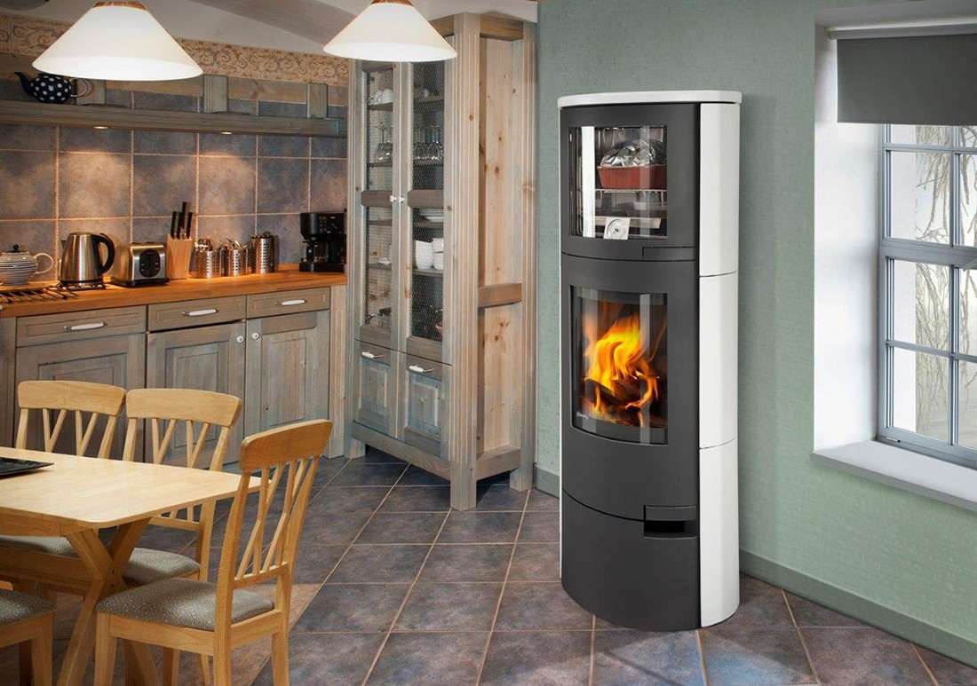 Poêle à Bois ROMOTOP LUGO + Four Corps Noir et Habillage Céramique Blanc : SHEMA