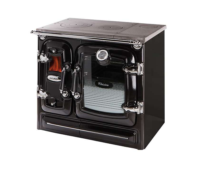 FOURNEAU A BOIS CLASICA 10KW NOIR CHROME HUBLOT FLAMME VERTE RENDEMENT 78% CO2 0.09% LACUNZA